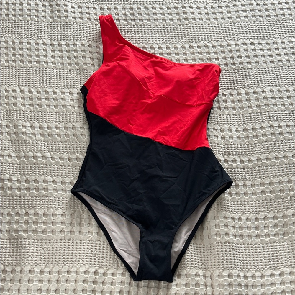 One-Shoulder Red and Black Swimsuit